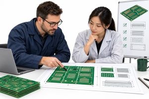 Engineer reviewing PCB stackup impedance and test coupon requirements during DFM