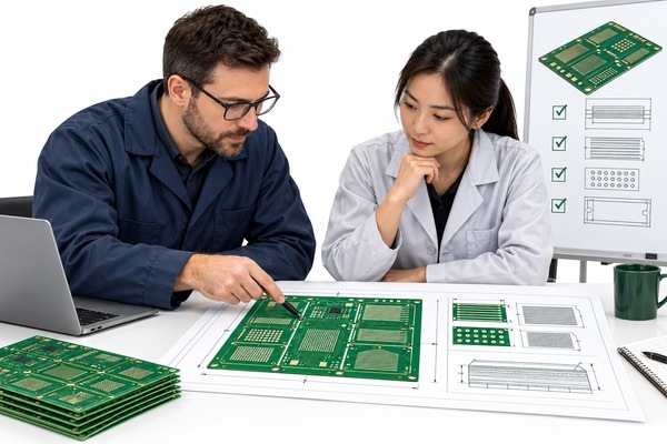 Engineer reviewing PCB stackup impedance and test coupon requirements during DFM