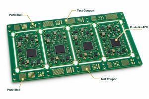 PCB panel showing test coupons located in the top and bottom panel rails
