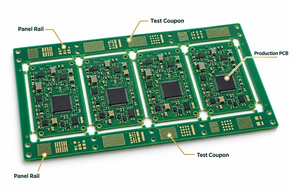 PCB panel showing test coupons located in the top and bottom panel rails