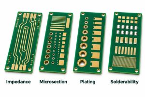 Common PCB test coupon types including impedance plated through-hole microvia via reliability solderability and SIR coupons