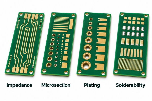 Common PCB test coupon types including impedance plated through-hole microvia via reliability solderability and SIR coupons