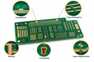 PCB test coupon illustrating impedance trace geometry plating via quality and layer registration verification