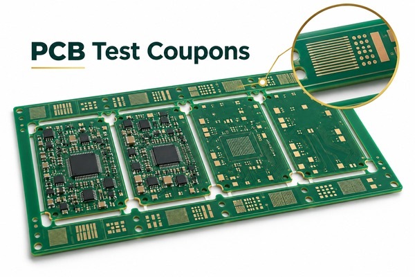 PCB test coupons integrated into the panel rail of a production PCB panel