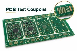 PCB test coupons integrated into the panel rail of a production PCB panel