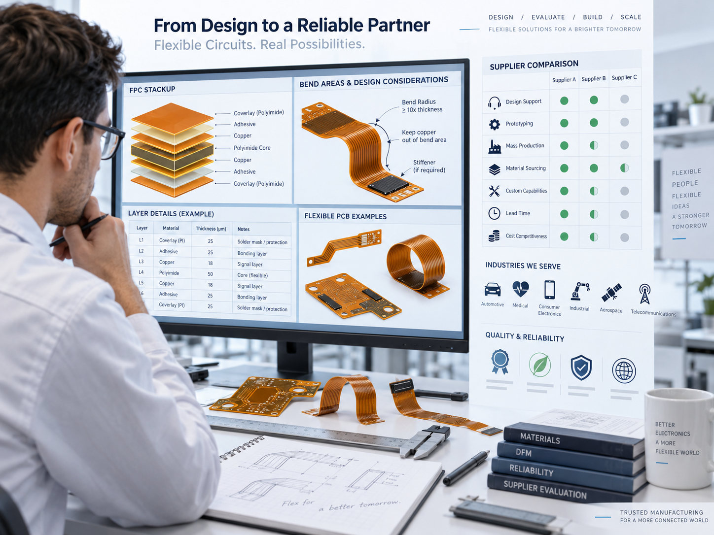 Engineer evaluating flexible circuit stackup bend areas and supplier capabilities