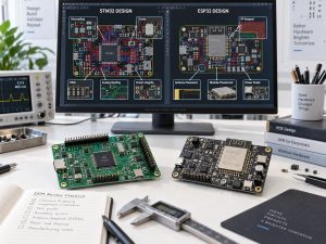 STM32 and ESP32 PCB design comparison showing decoupling clocks analog routing RF keepout and antenna clearance