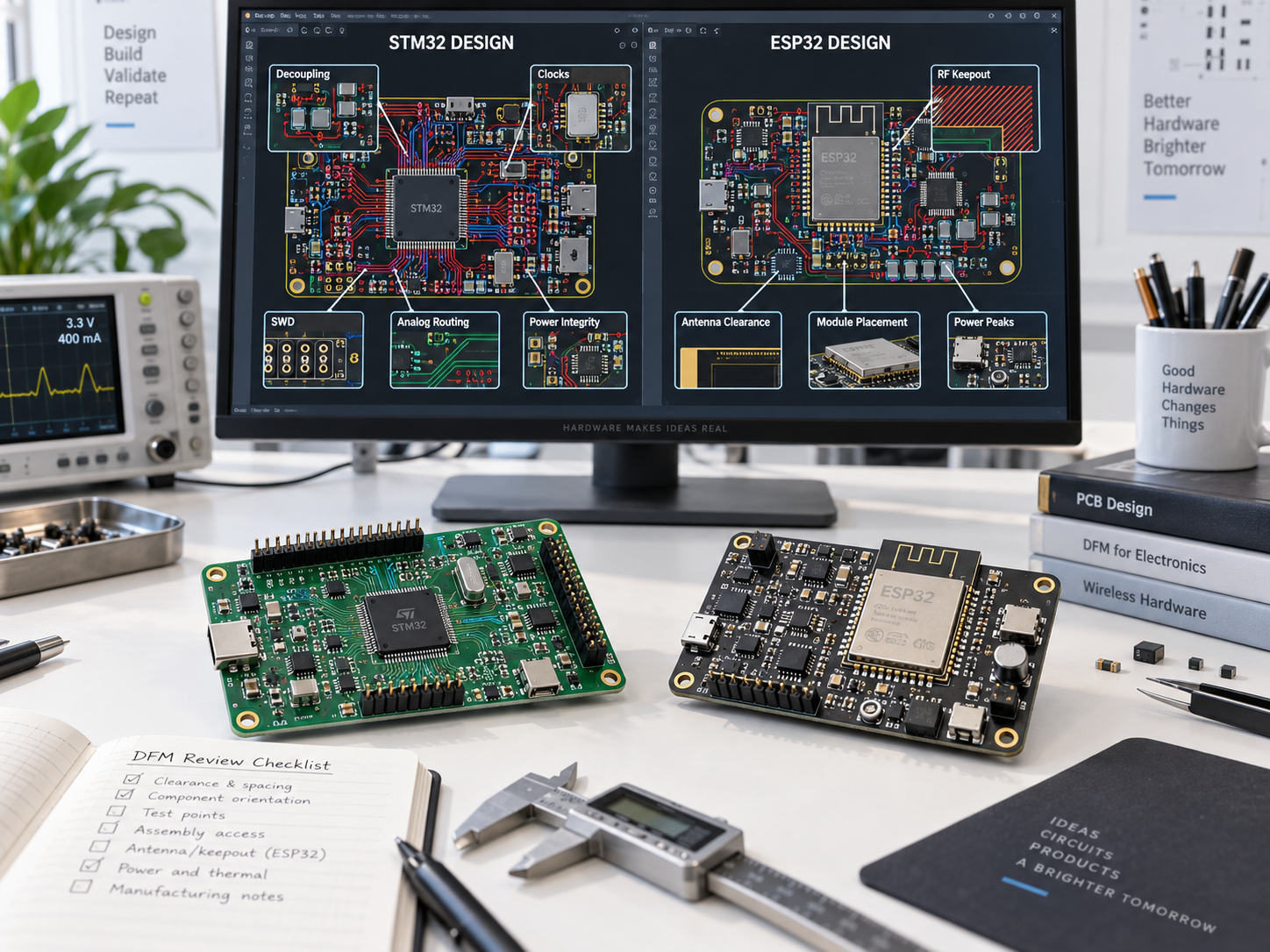STM32 and ESP32 PCB design comparison showing decoupling clocks analog routing RF keepout and antenna clearance