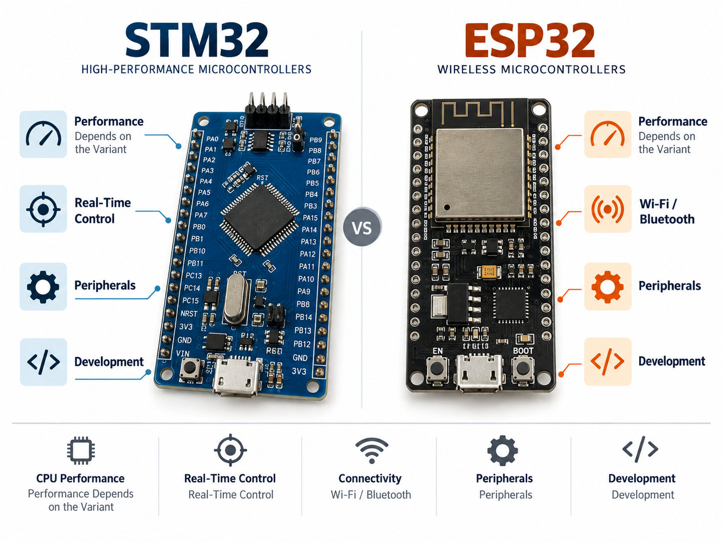 STM32 versus ESP32 technical comparison of performance real-time control connectivity peripherals and development
