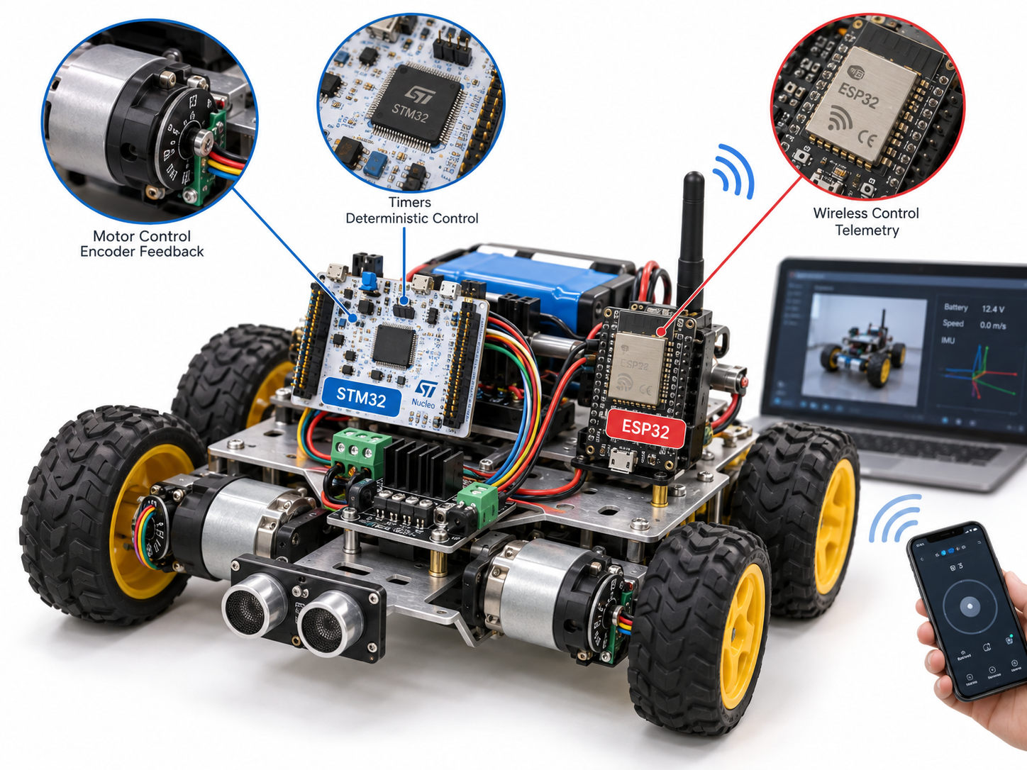 Robot using STM32 for motor control and ESP32 for wireless telemetry