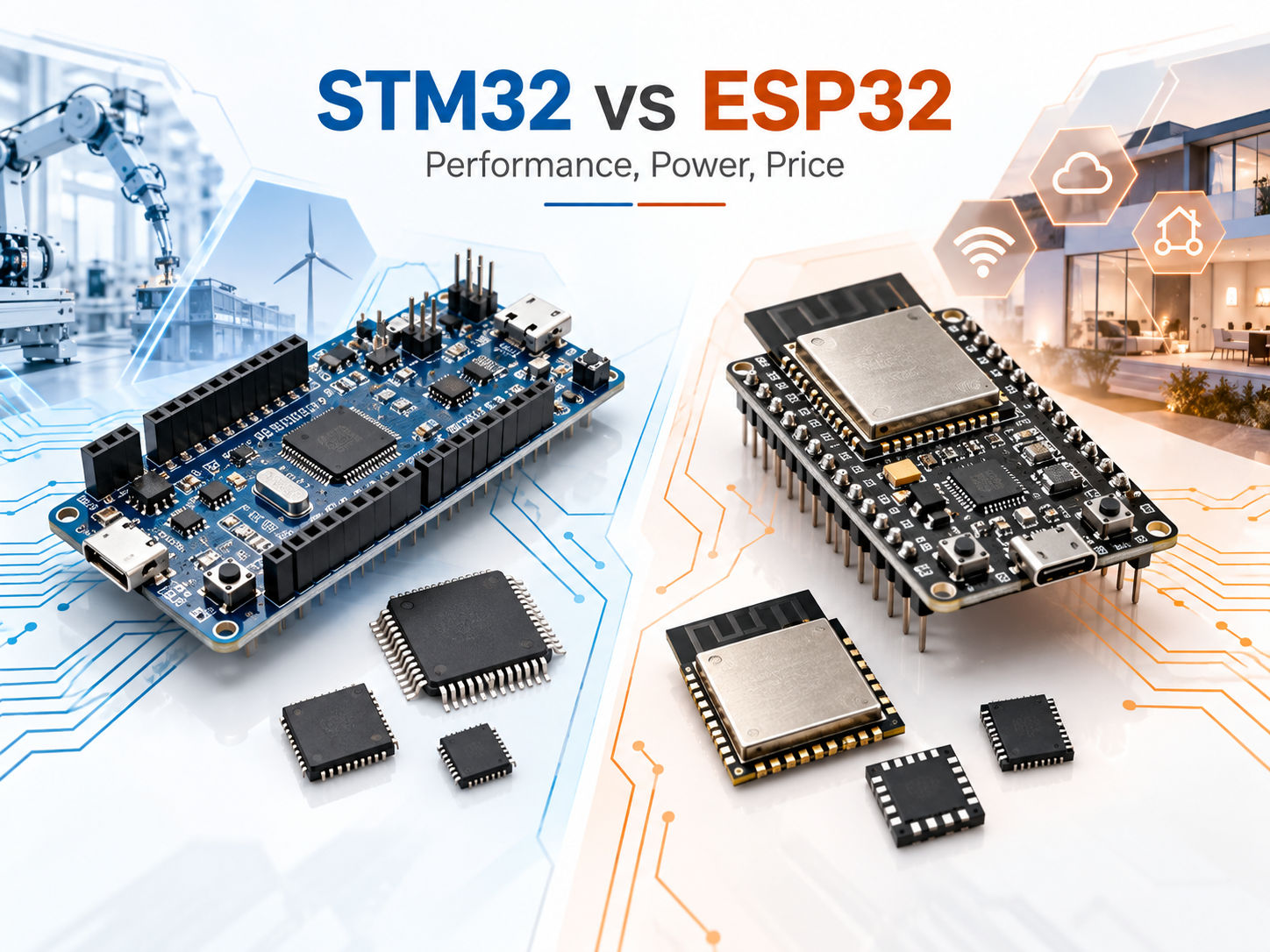 STM32 vs ESP32 comparison showing development boards and embedded applications