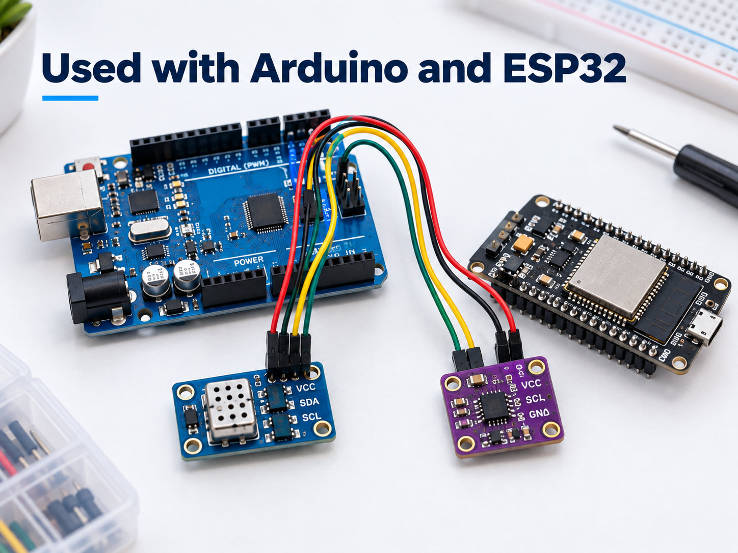 Breakout boards connected to Arduino and ESP32 development boards