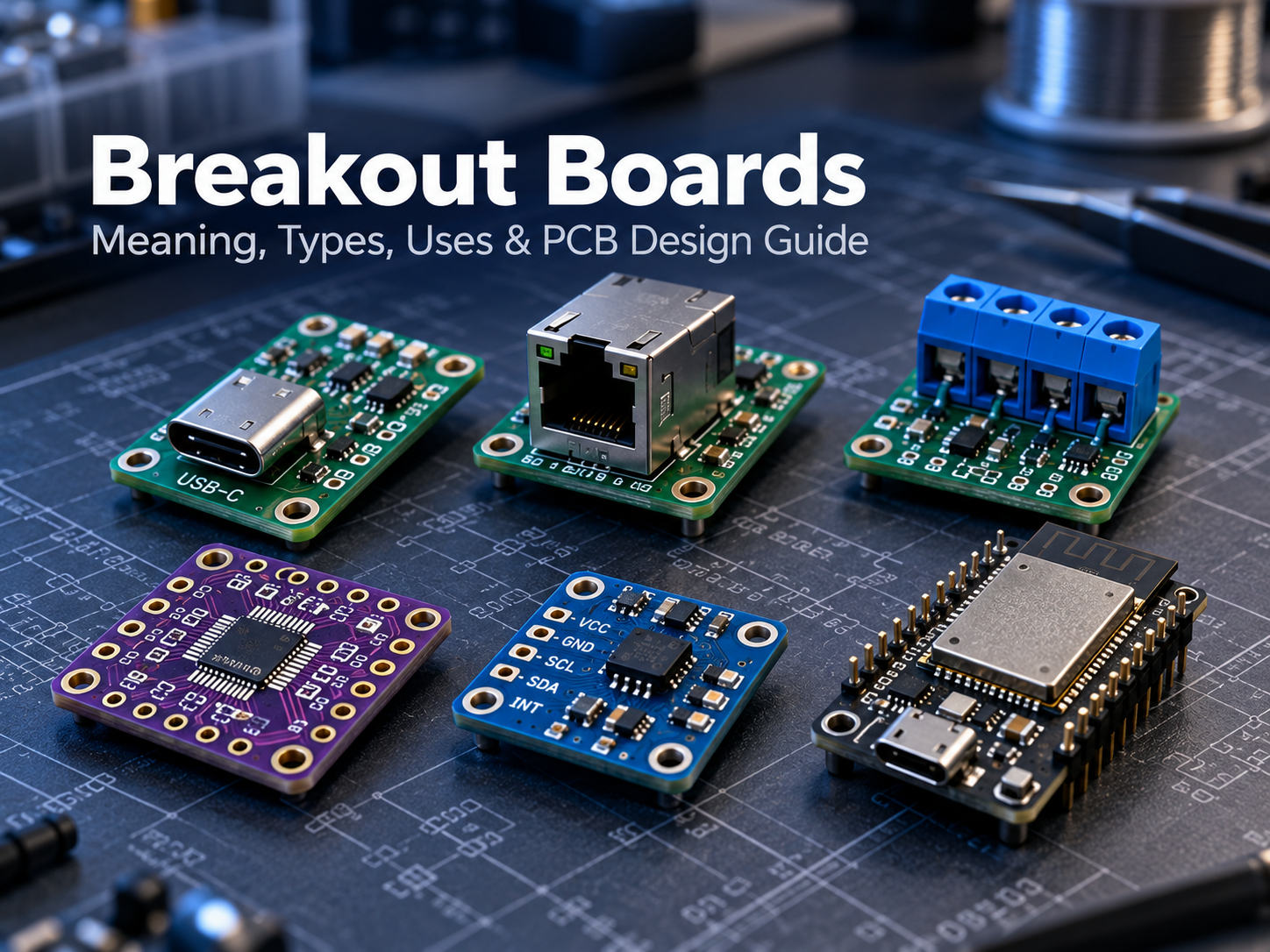 Breakout boards including sensor USB-C RJ45 terminal SMD adapter and ESP32 boards