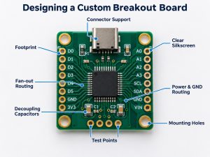 Custom breakout board PCB design showing footprint fan-out power routing test points and mounting holes