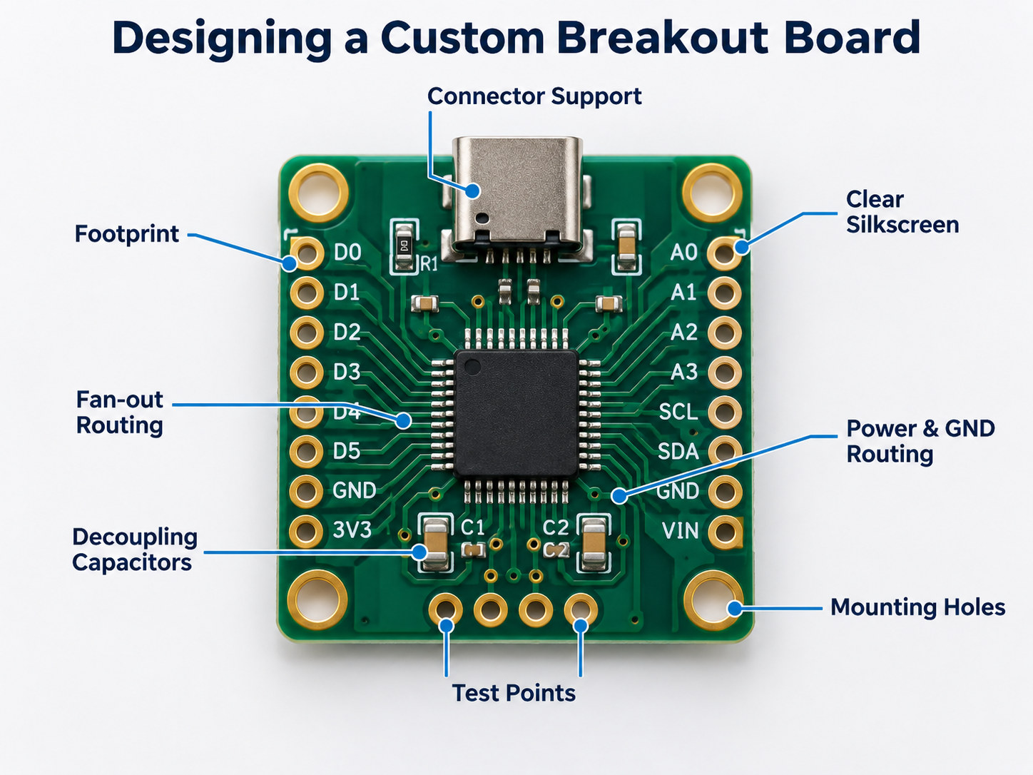 Custom breakout board PCB design showing footprint fan-out power routing test points and mounting holes