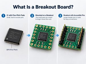 Fine-pitch IC mounted on a breakout board with accessible header pins