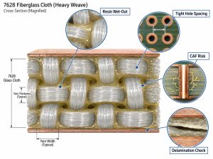 7628 fiberglass cloth cross-section showing resin wet-out tight hole spacing CAF risk and delamination check