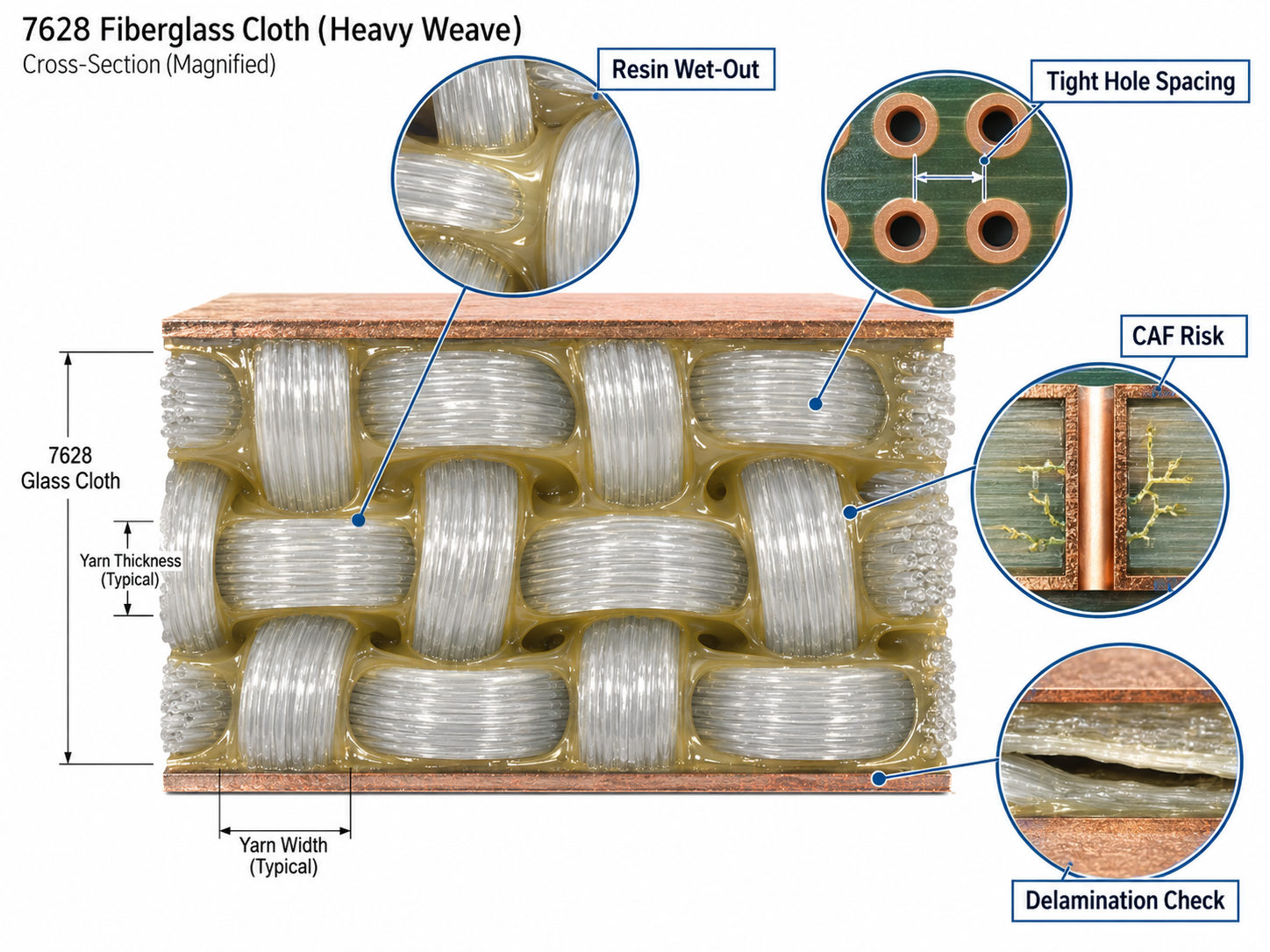 7628 fiberglass cloth cross-section showing resin wet-out tight hole spacing CAF risk and delamination check