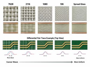 PCB fiberglass styles and differential pair skew comparison from 7628 to spread glass