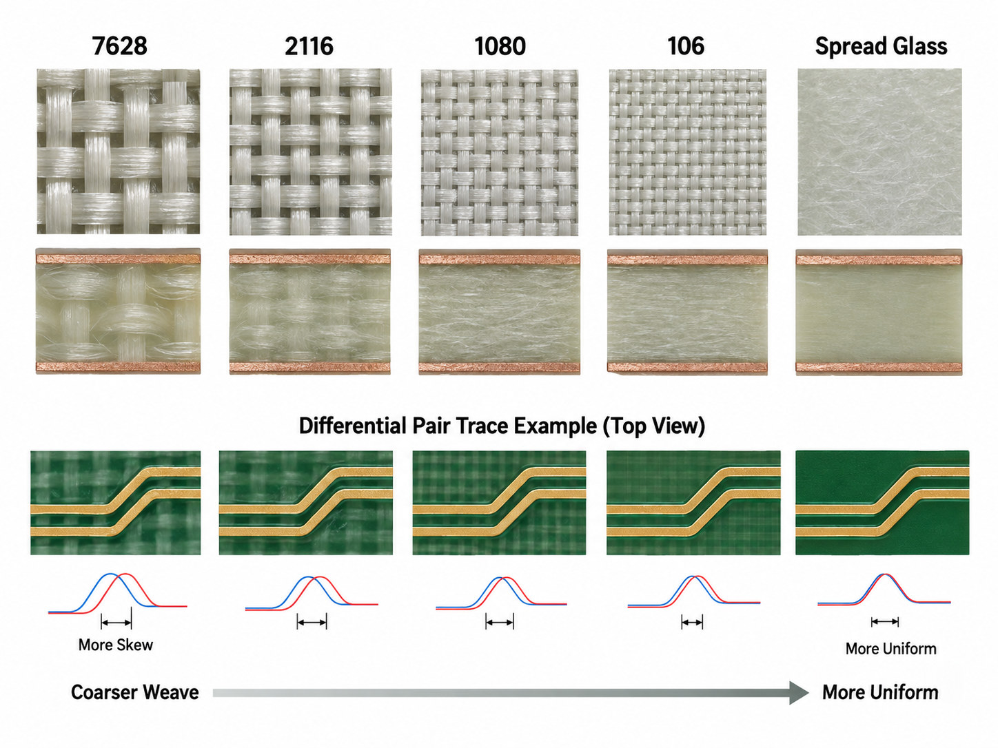 PCB fiberglass styles and differential pair skew comparison from 7628 to spread glass