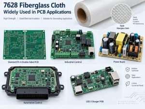 PCB applications that commonly use 7628 fiberglass cloth including FR-4 industrial power automotive and charger boards