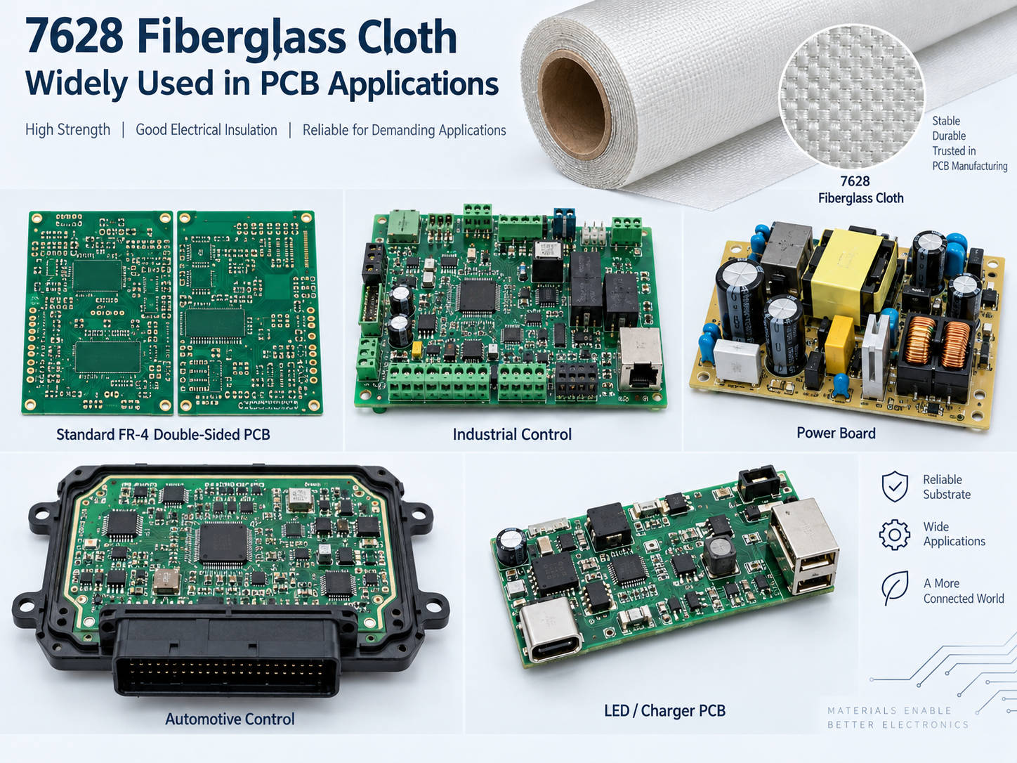PCB applications that commonly use 7628 fiberglass cloth including FR-4 industrial power automotive and charger boards
