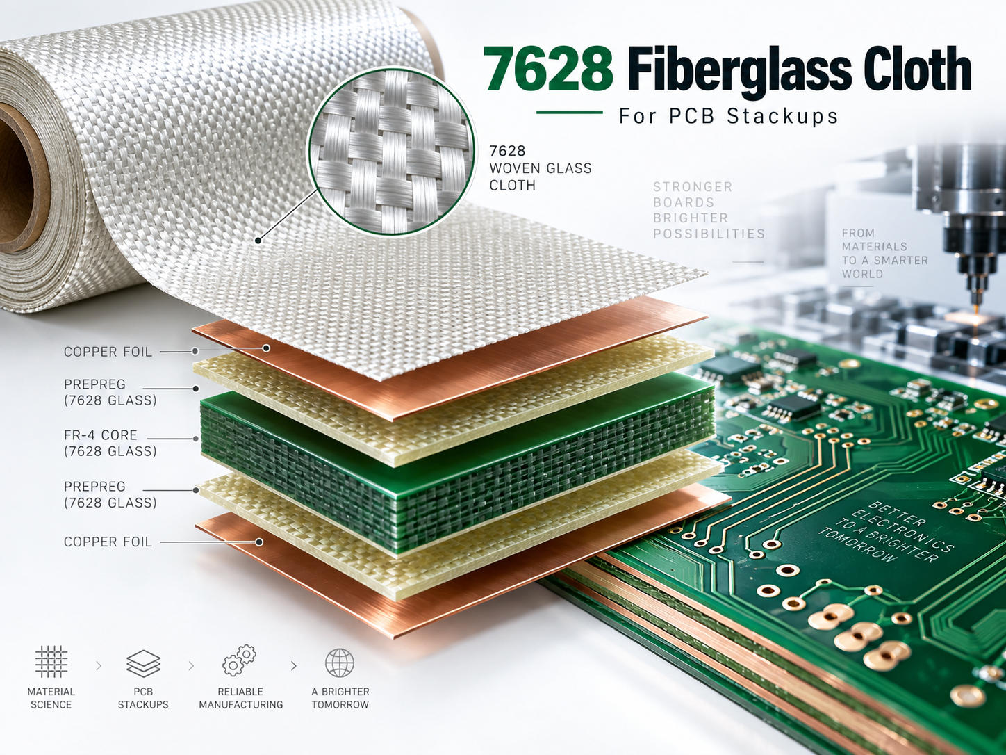 7628 fiberglass cloth for PCB stackups with copper foil prepreg and FR-4 core layers