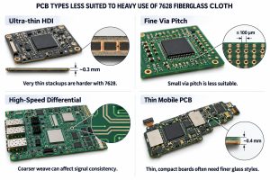 Ultra-thin HDI fine via pitch high-speed differential and thin mobile PCBs less suited to heavy use of 7628 fiberglass cloth