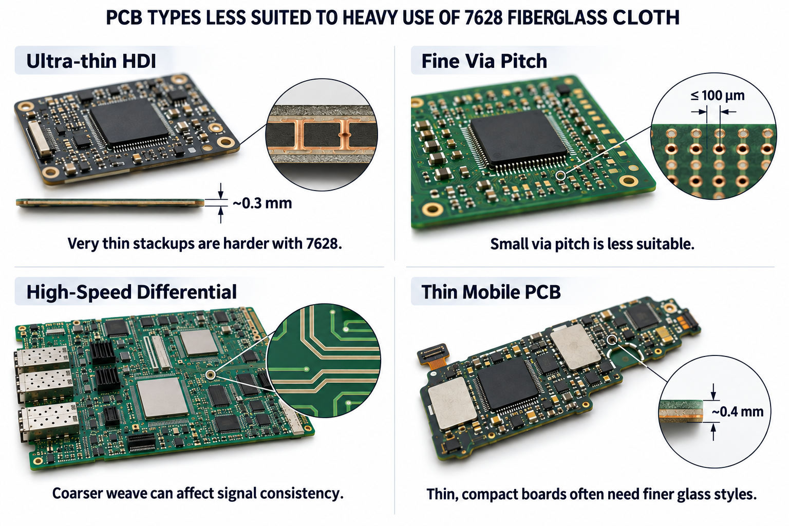 Ultra-thin HDI fine via pitch high-speed differential and thin mobile PCBs less suited to heavy use of 7628 fiberglass cloth