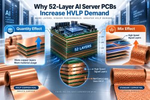 52-layer AI server PCB showing quantity effect and mix effect on HVLP copper foil demand