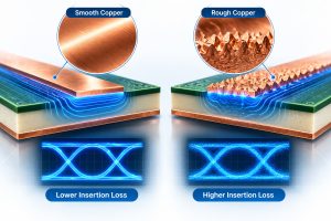 Smooth copper versus rough copper showing lower and higher insertion loss