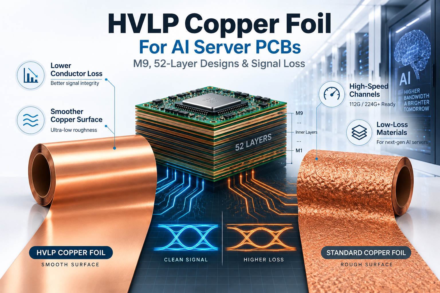HVLP copper foil for AI server PCBs with M9 materials and 52-layer high-speed design