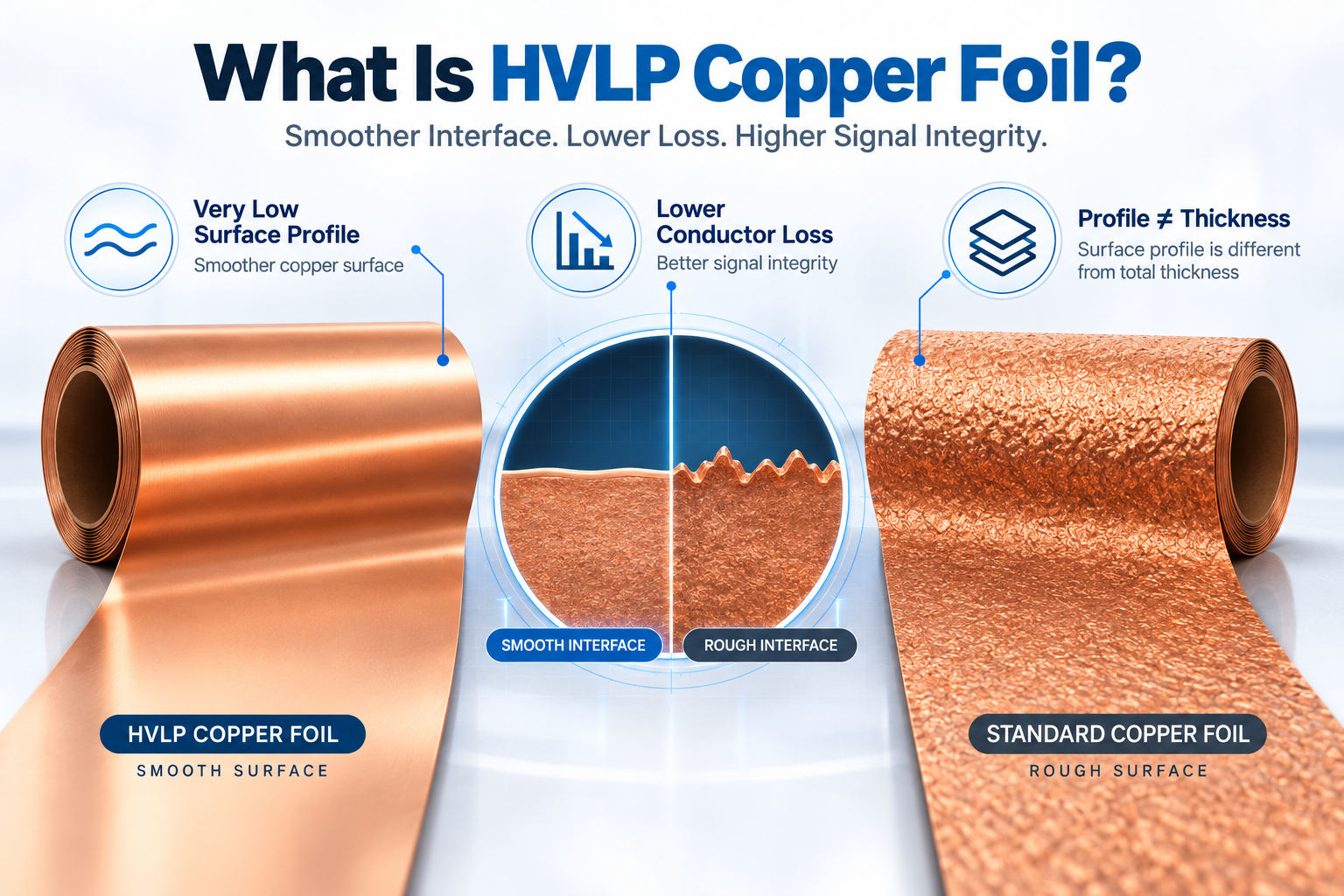 HVLP copper foil smooth surface compared with rough standard copper foil