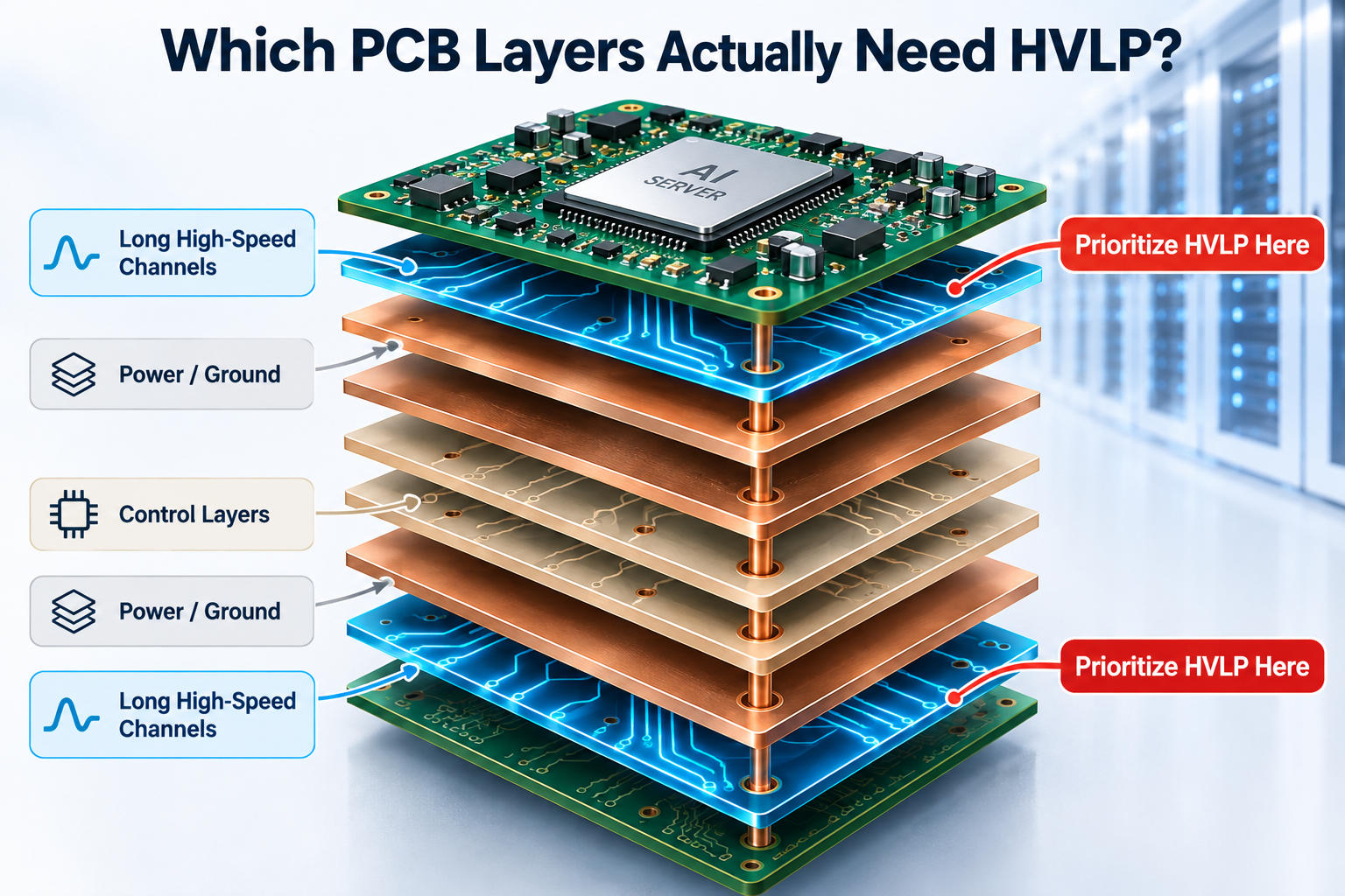 AI server PCB layer stack highlighting high-speed layers that should prioritize HVLP copper foil