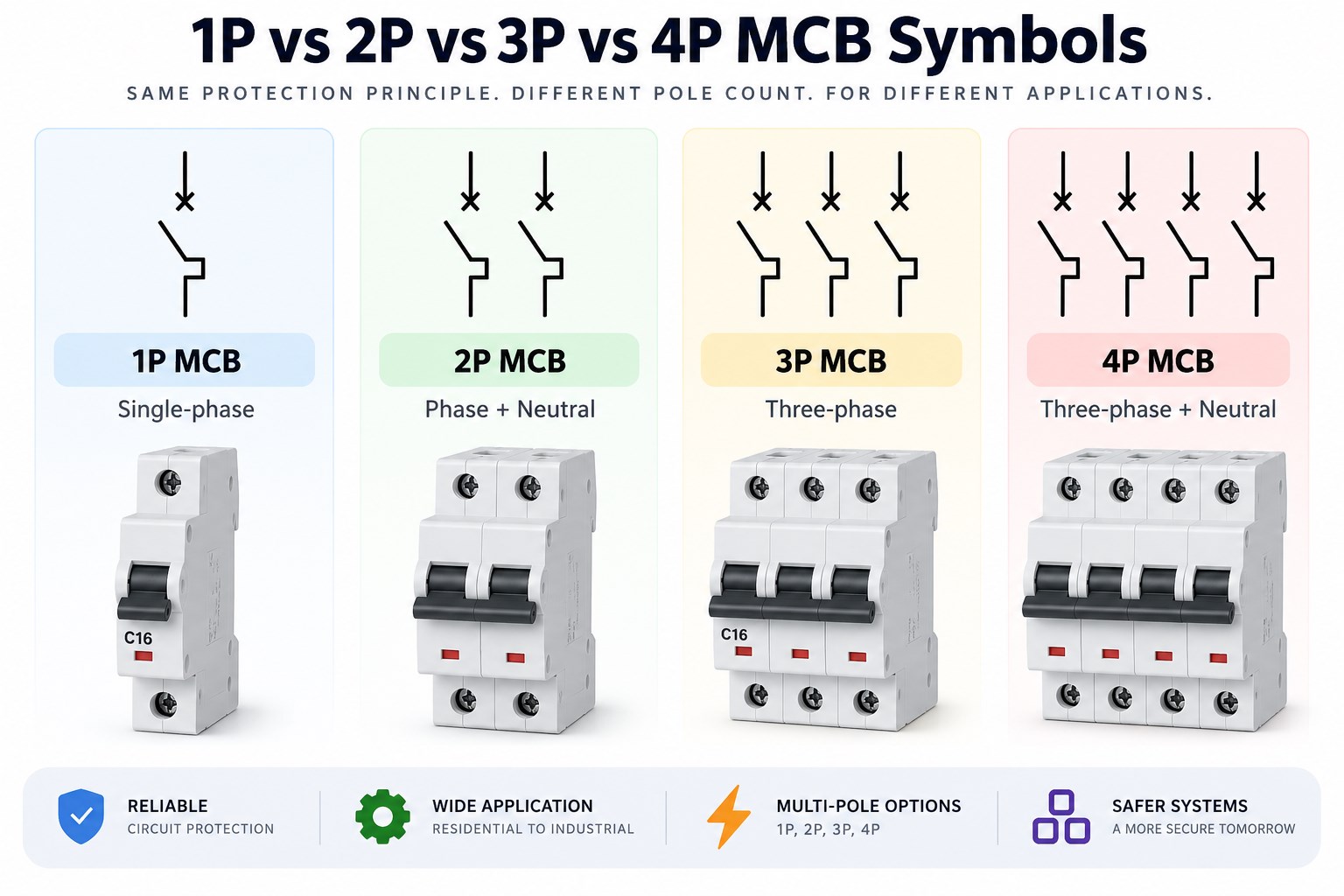 1P 2P 3P and 4P MCB symbols with corresponding breaker configurations