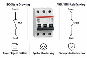 IEC versus ANSI IEEE style MCB circuit breaker symbol comparison