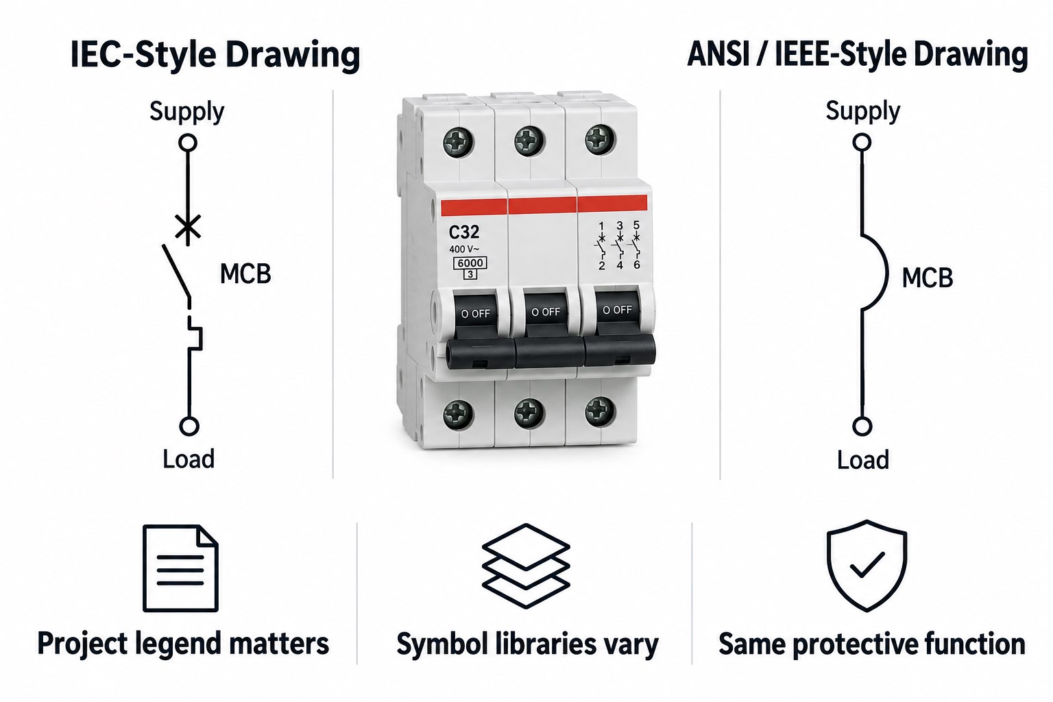 IEC versus ANSI IEEE style MCB circuit breaker symbol comparison