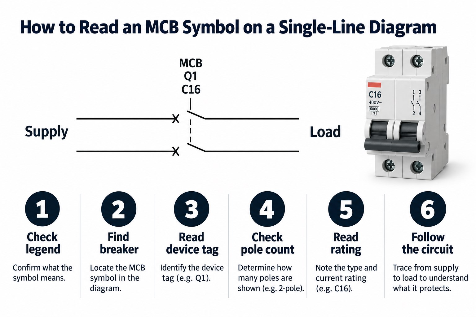 How to read an MCB symbol on a single-line diagram step by step