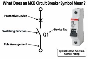 MCB symbol meaning showing protective device switching function pole arrangement and device tag