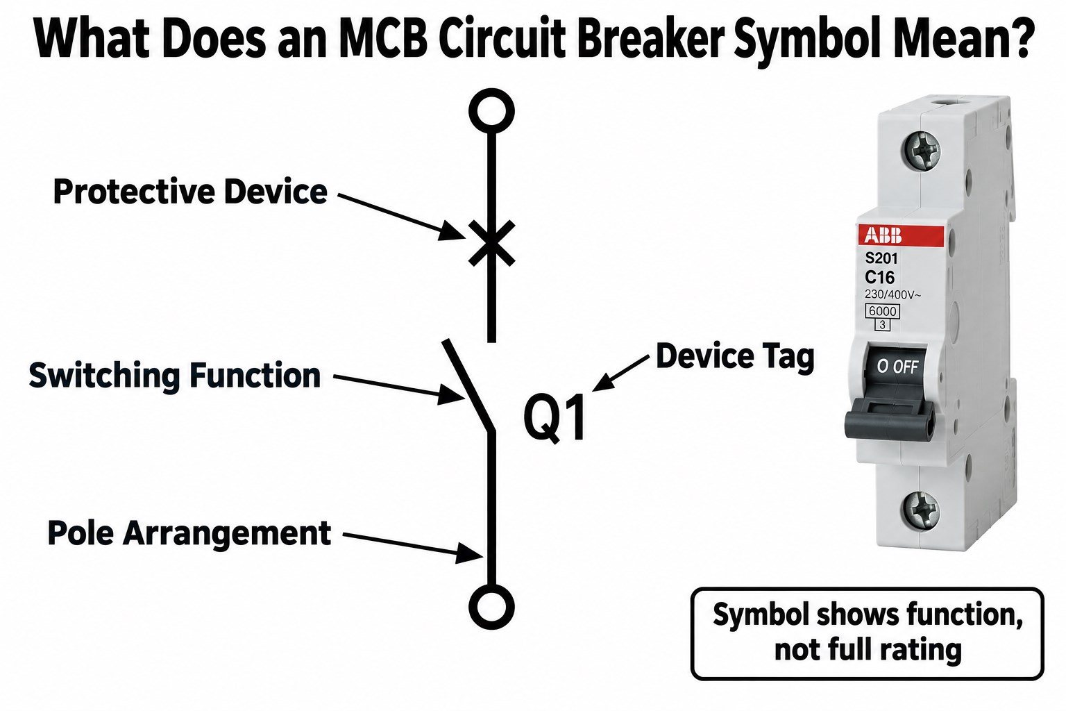 MCB symbol meaning showing protective device switching function pole arrangement and device tag