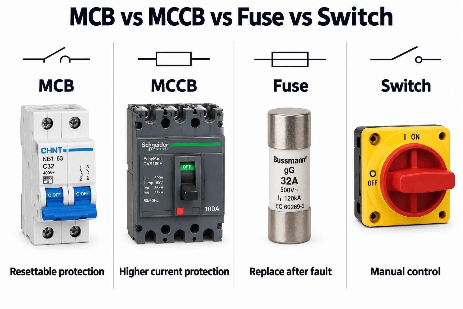 MCB MCCB fuse and switch symbol and device comparison