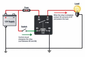 12V 4-pin relay wiring diagram showing supply fuse switch coil terminals 85 86 and contacts 30 87