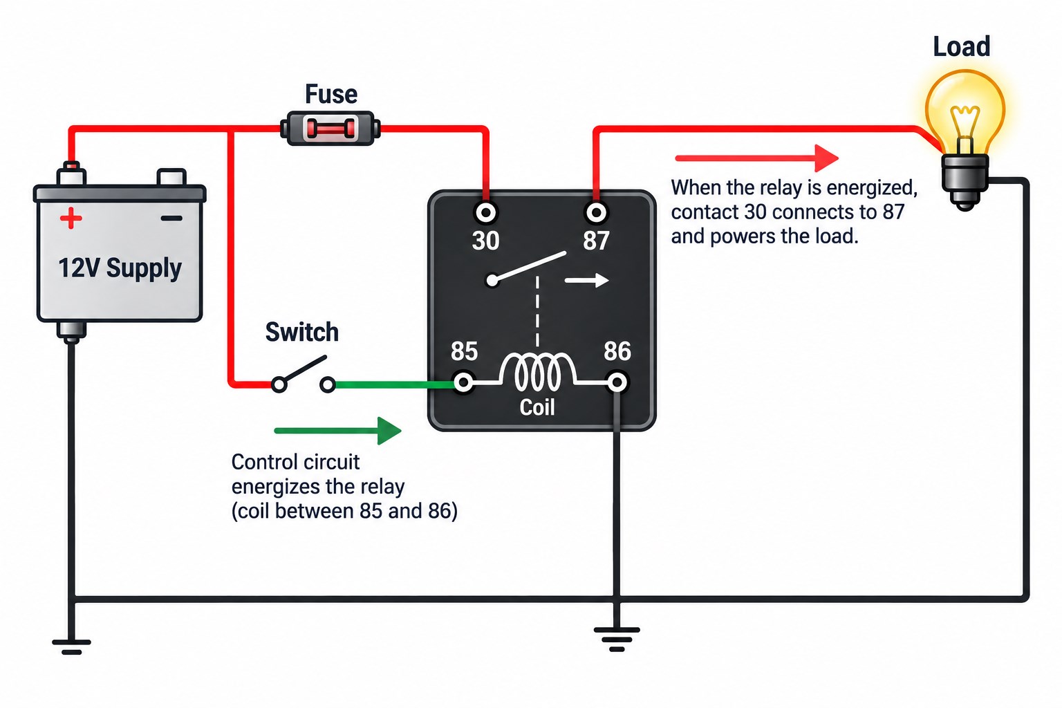 12V 4-pin relay wiring diagram showing supply fuse switch coil terminals 85 86 and contacts 30 87
