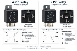 4-pin and 5-pin automotive relay diagram showing terminals 30 85 86 87 and 87a