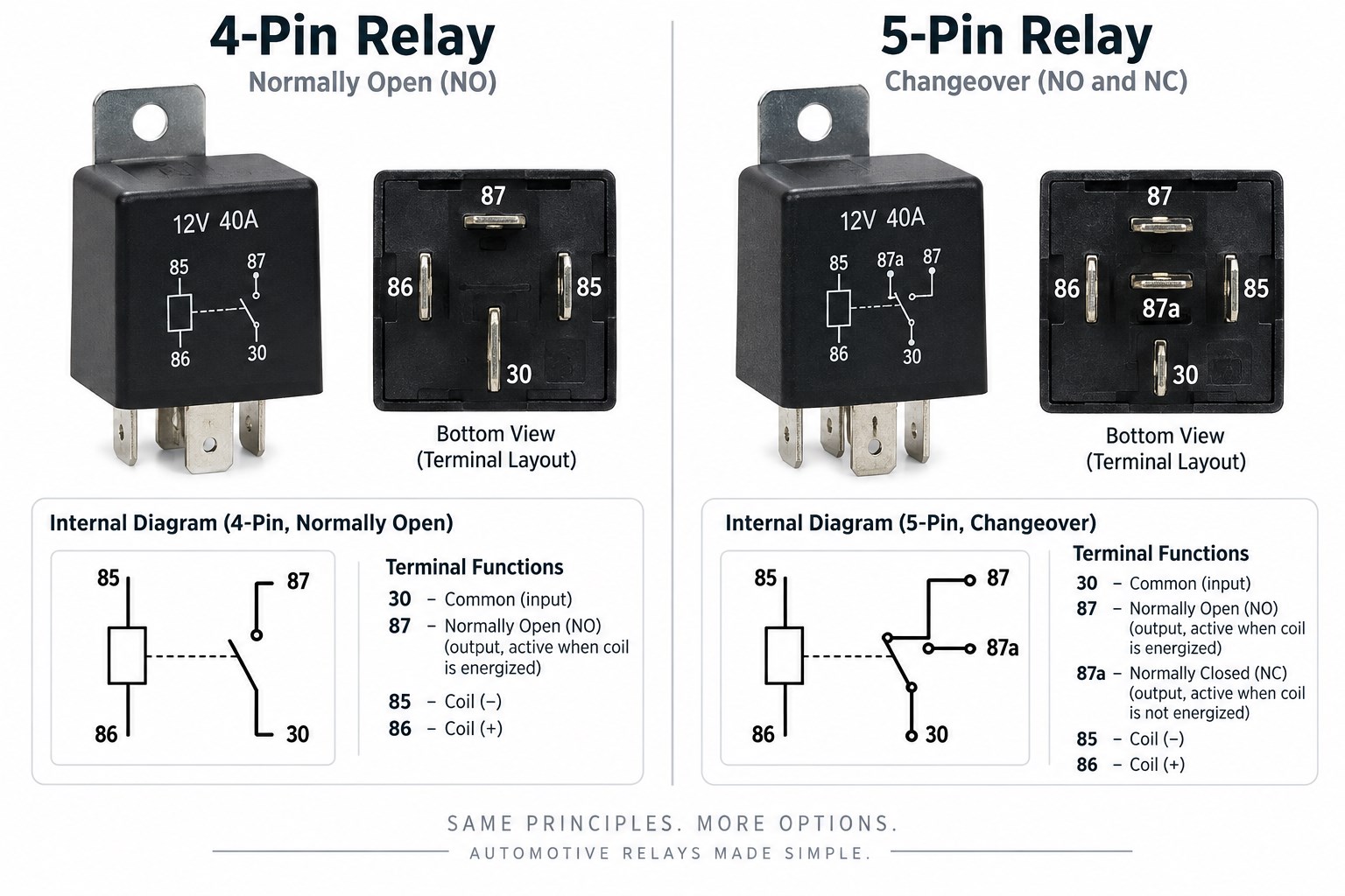 4-pin and 5-pin automotive relay diagram showing terminals 30 85 86 87 and 87a