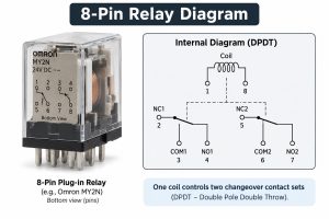 8-pin DPDT relay diagram with two changeover contact sets
