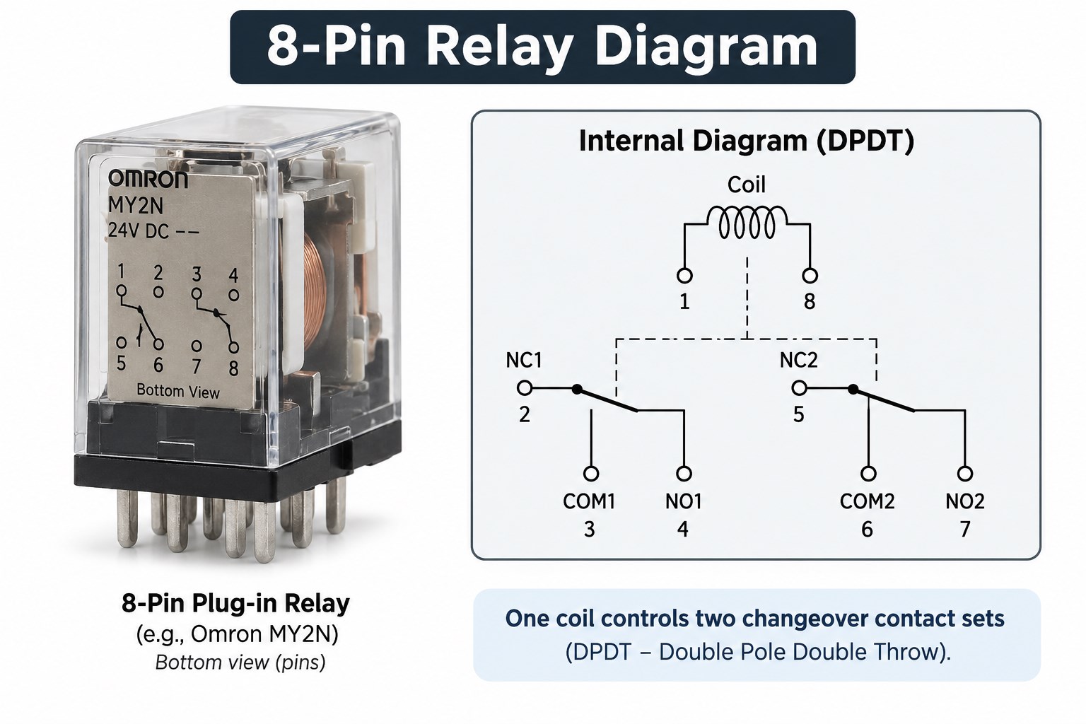 8-pin DPDT relay diagram with two changeover contact sets
