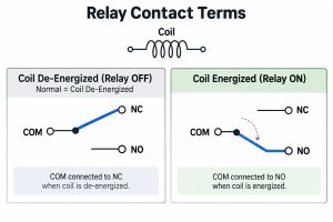 Relay contact terms showing COM NO and NC when coil is de-energized and energized