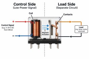 Relay control side and load side showing coil magnetic actuation and isolated contacts