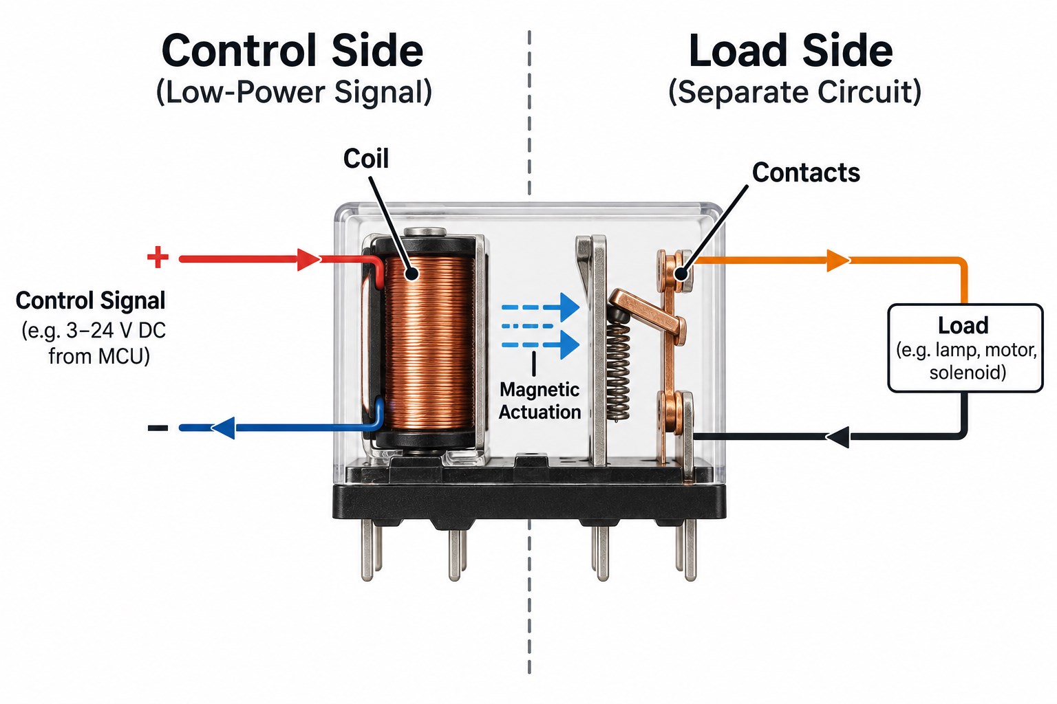 Relay control side and load side showing coil magnetic actuation and isolated contacts